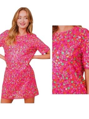 NEW blue b Hot Pink Orange Green Allover Flower Shaped Sequin Tulle Mini Dress S